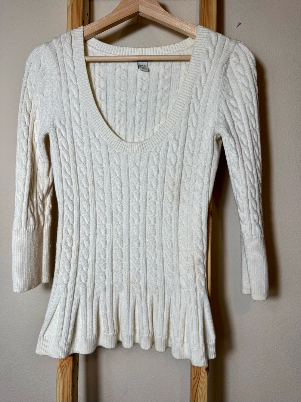 Boston Proper Cream Cable Knit Scoop Neck Peplum Sweater Size S